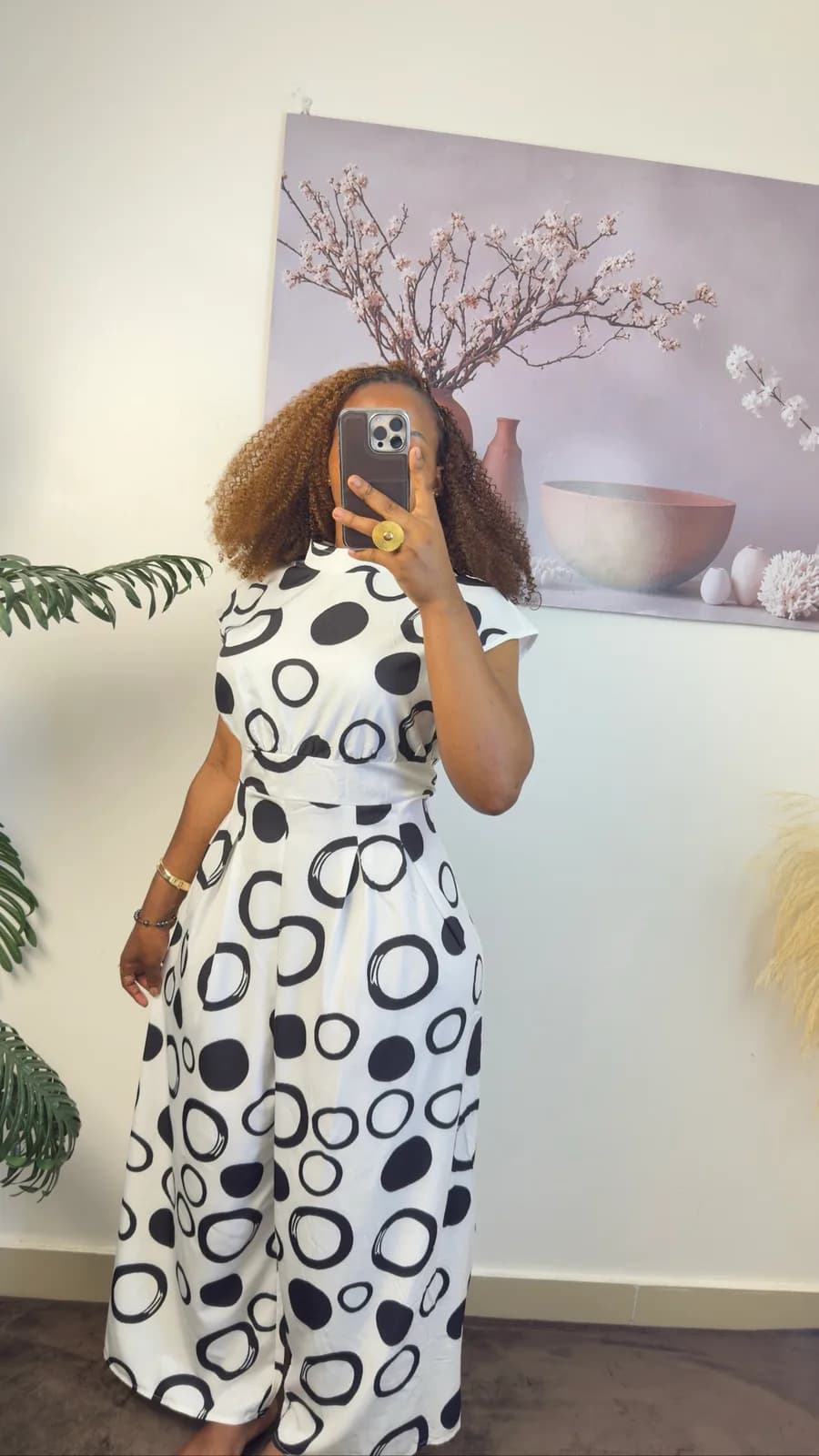 Title: Black & White Abstract Print Wide-Leg Jumpsuit