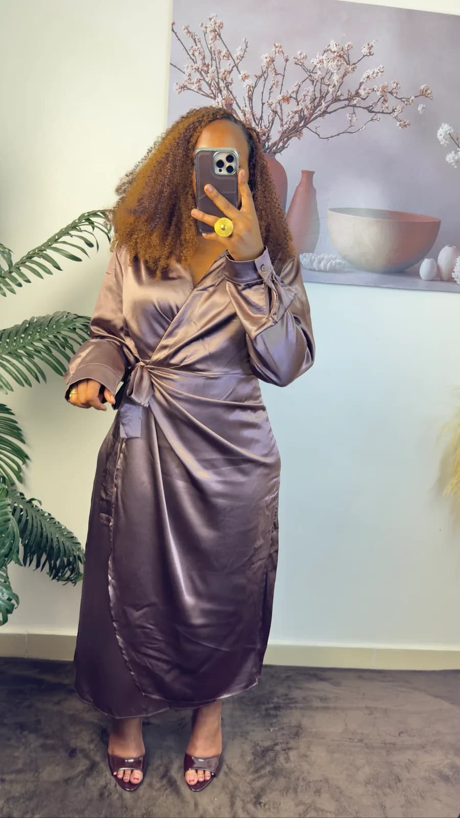 Mocha Heavy Satin Wrap Midi Dress