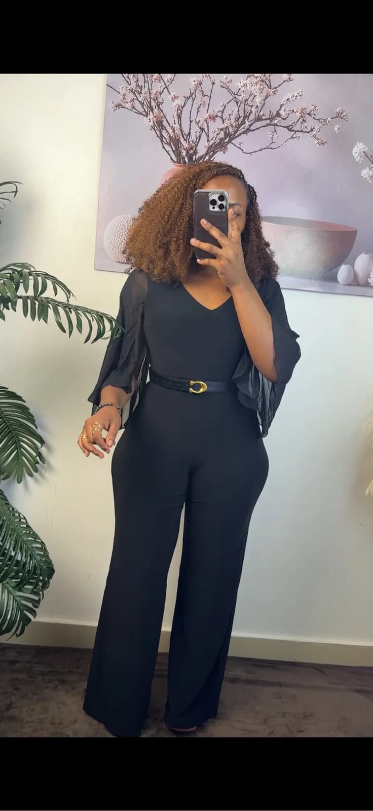 Black V-Neck Wide-Leg Jumpsuit with Sheer Sleeves