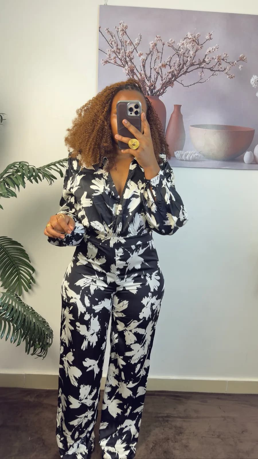 Black & White Floral Wrap Jumpsuit