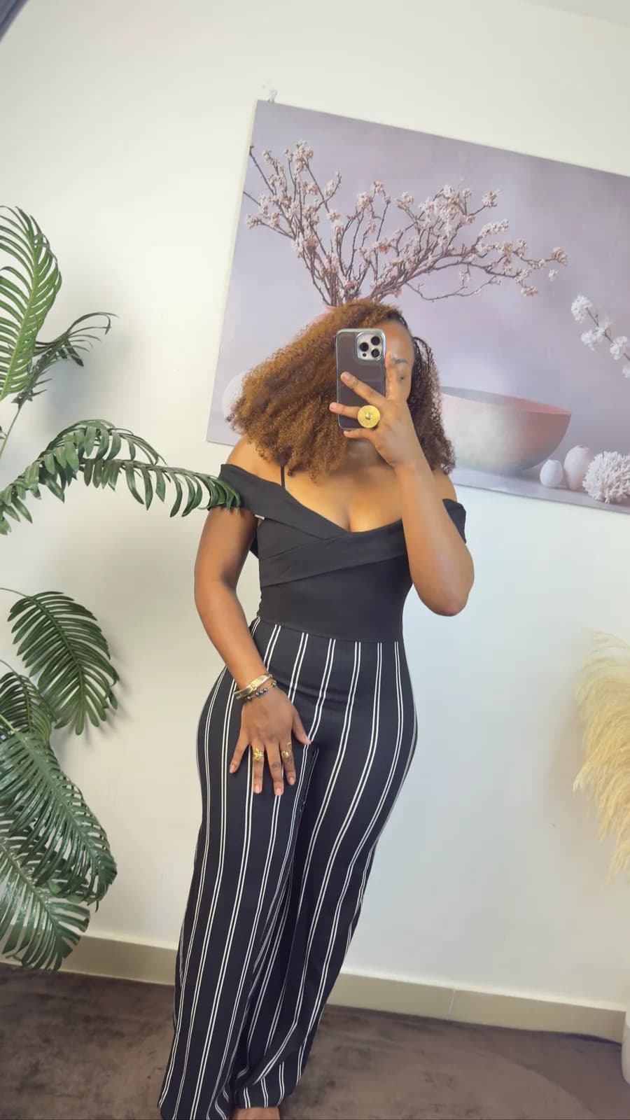 Black Off-Shoulder Striped Wide-Leg Jumpsuit