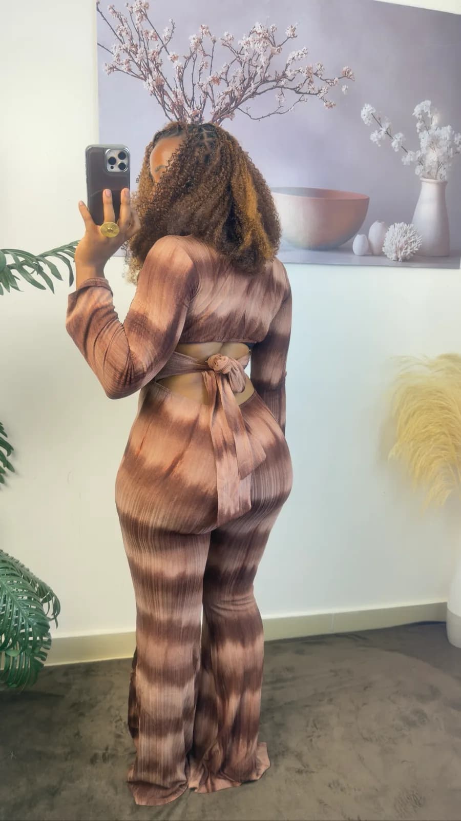 Brown Tie-Dye Button-Front Jumpsuit