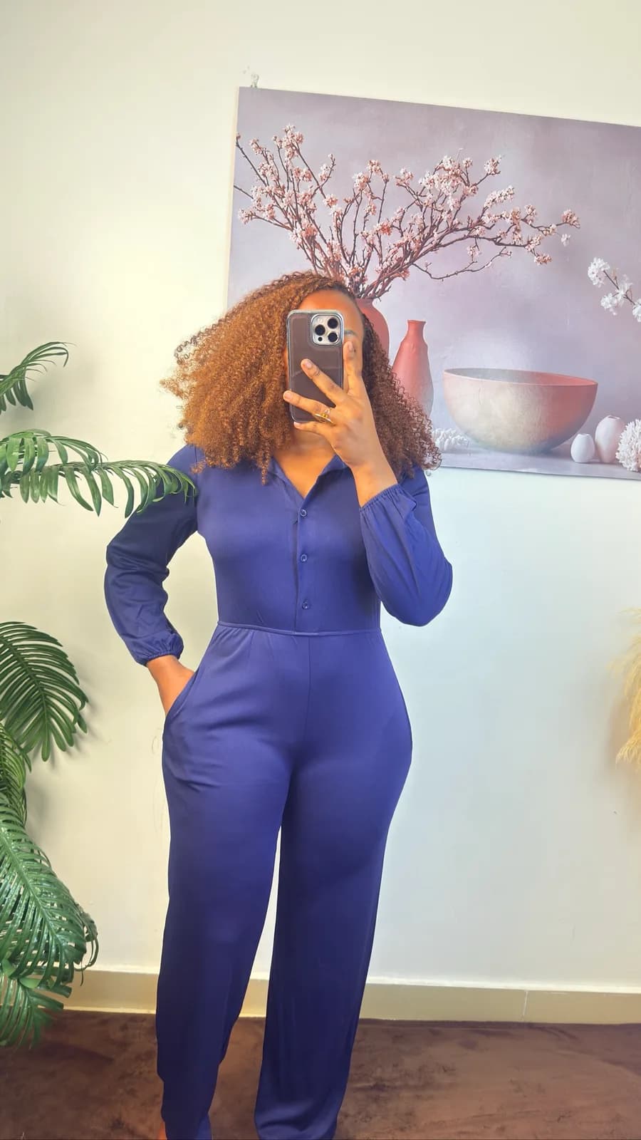 Navy Blue Button-Down Long Sleeve Jumpsuit