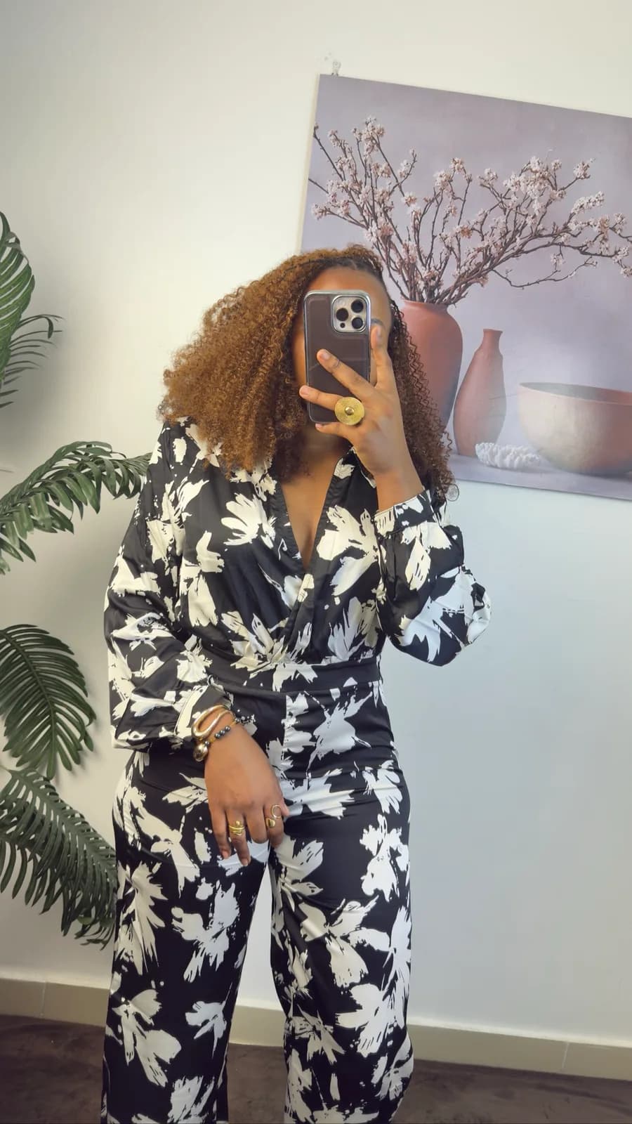 Black & White Floral Wrap Jumpsuit