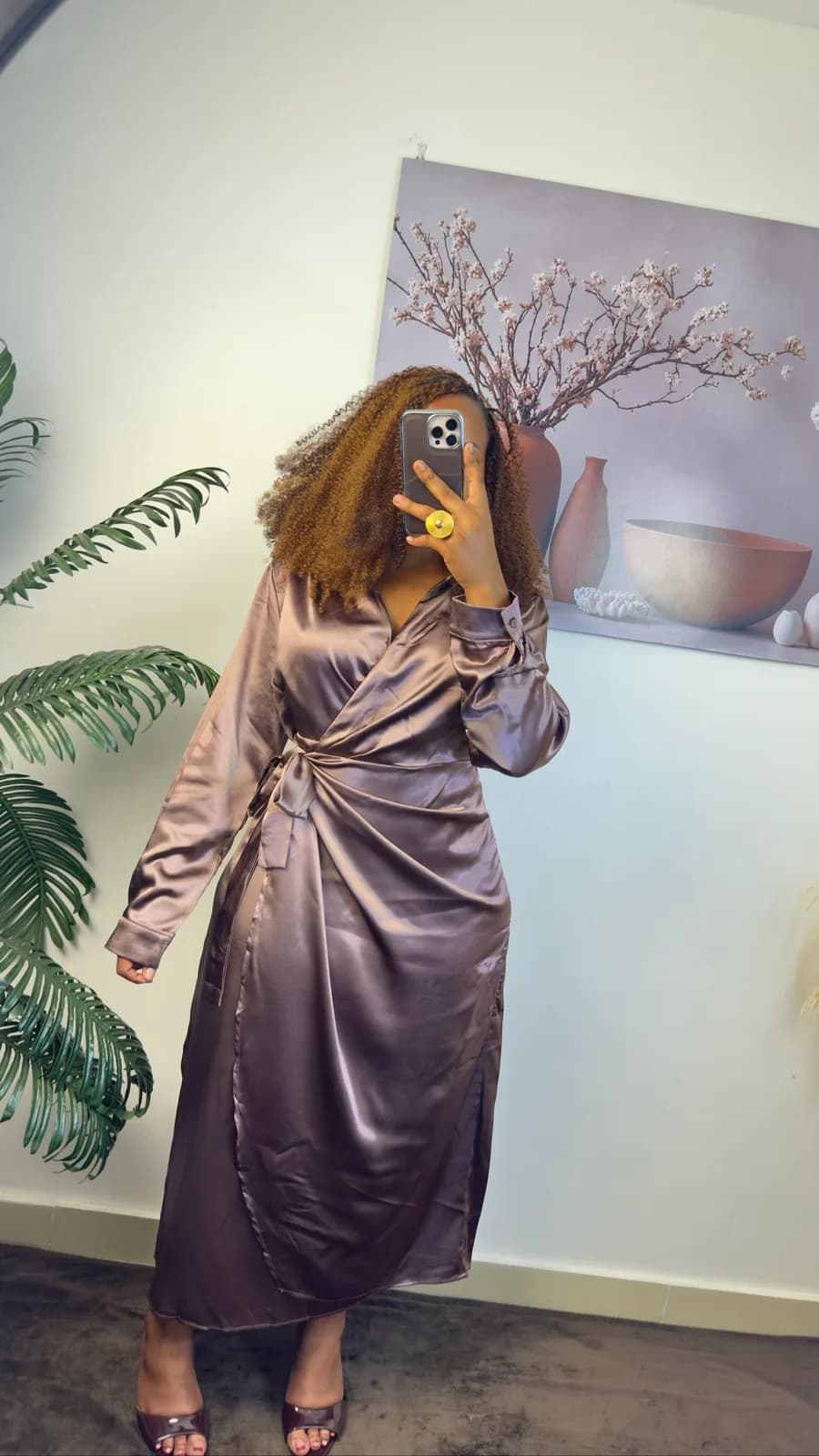 Mocha Heavy Satin Wrap Midi Dress