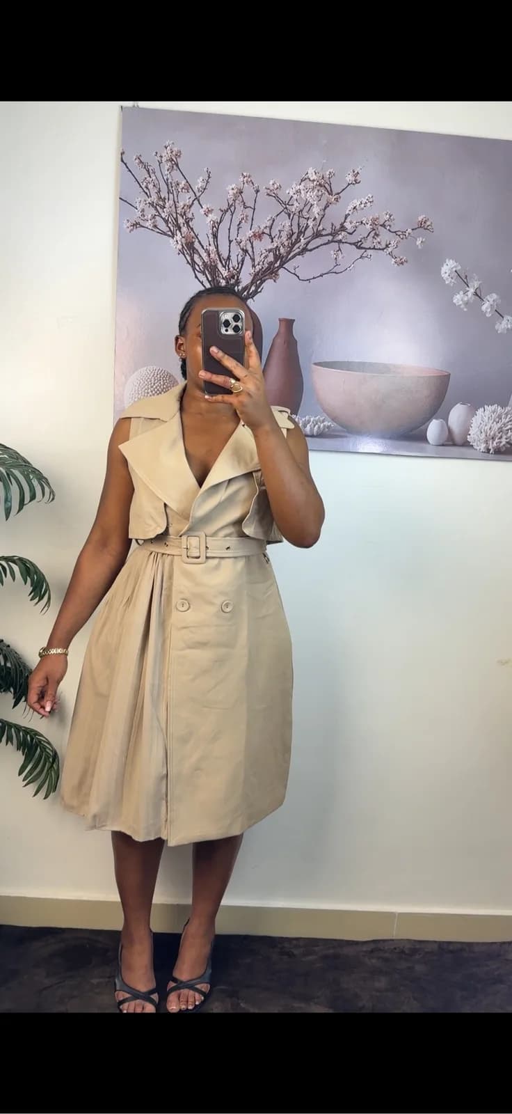 Beige Belted Sleeveless Trench Coat Dress