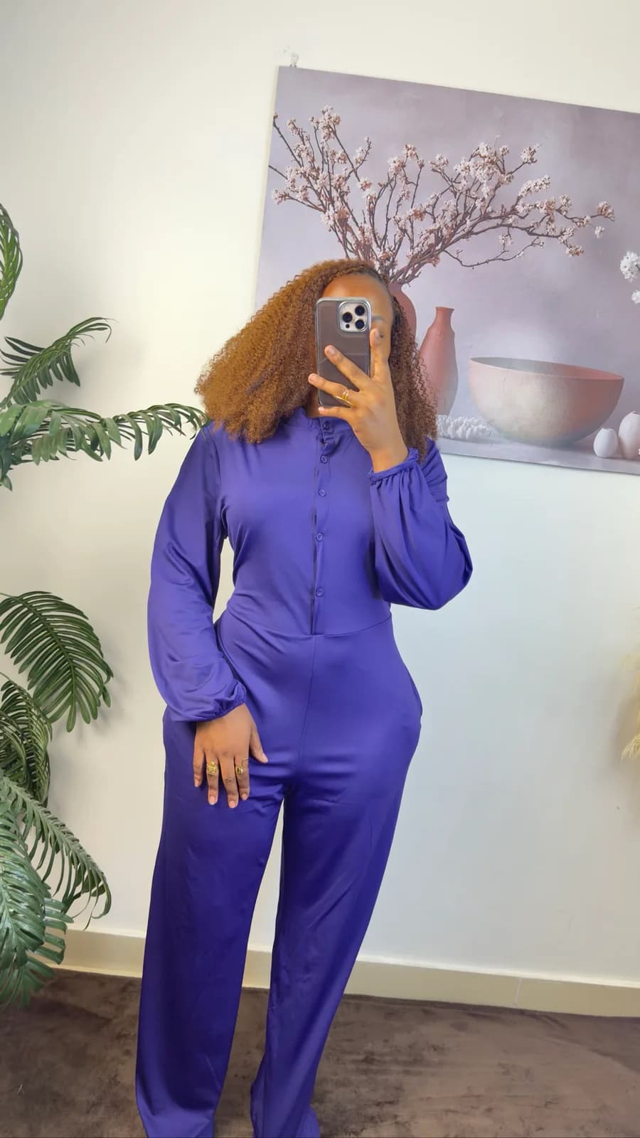 Purple Button-Front Wide-Leg Jumpsuit