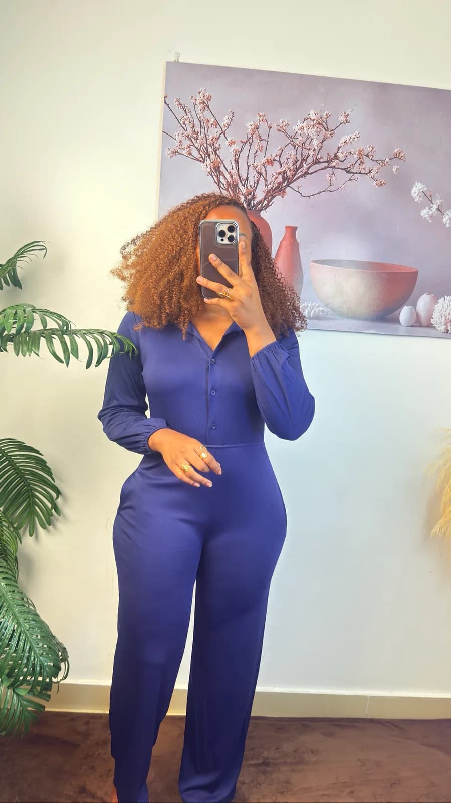 Navy Blue Button-Down Long Sleeve Jumpsuit