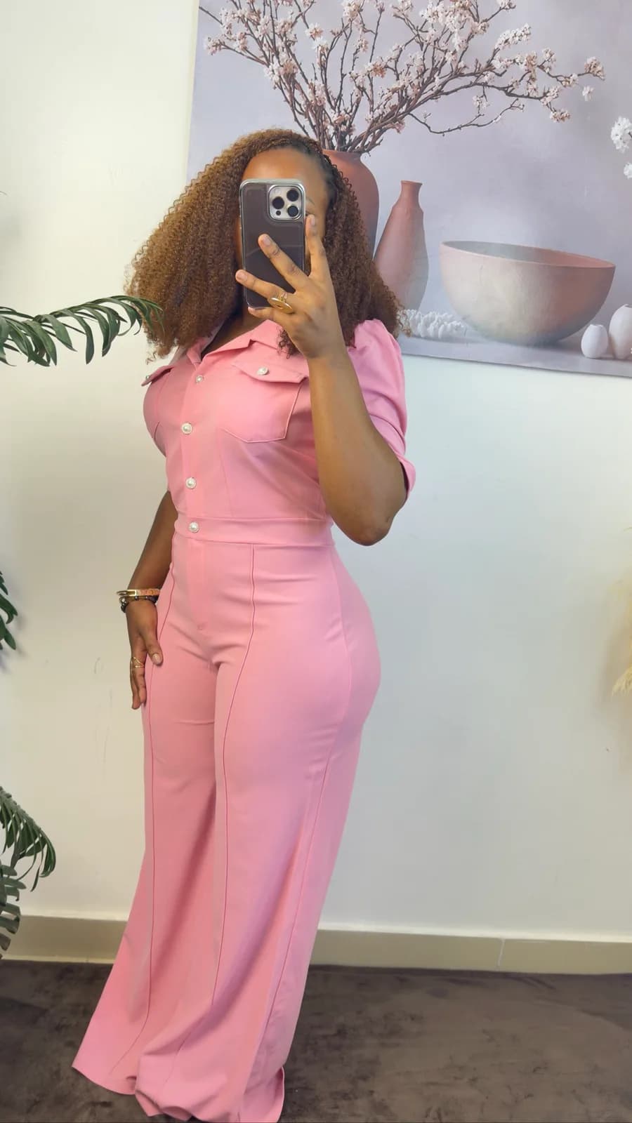 Pink Button-Front Wide-Leg Jumpsuit
